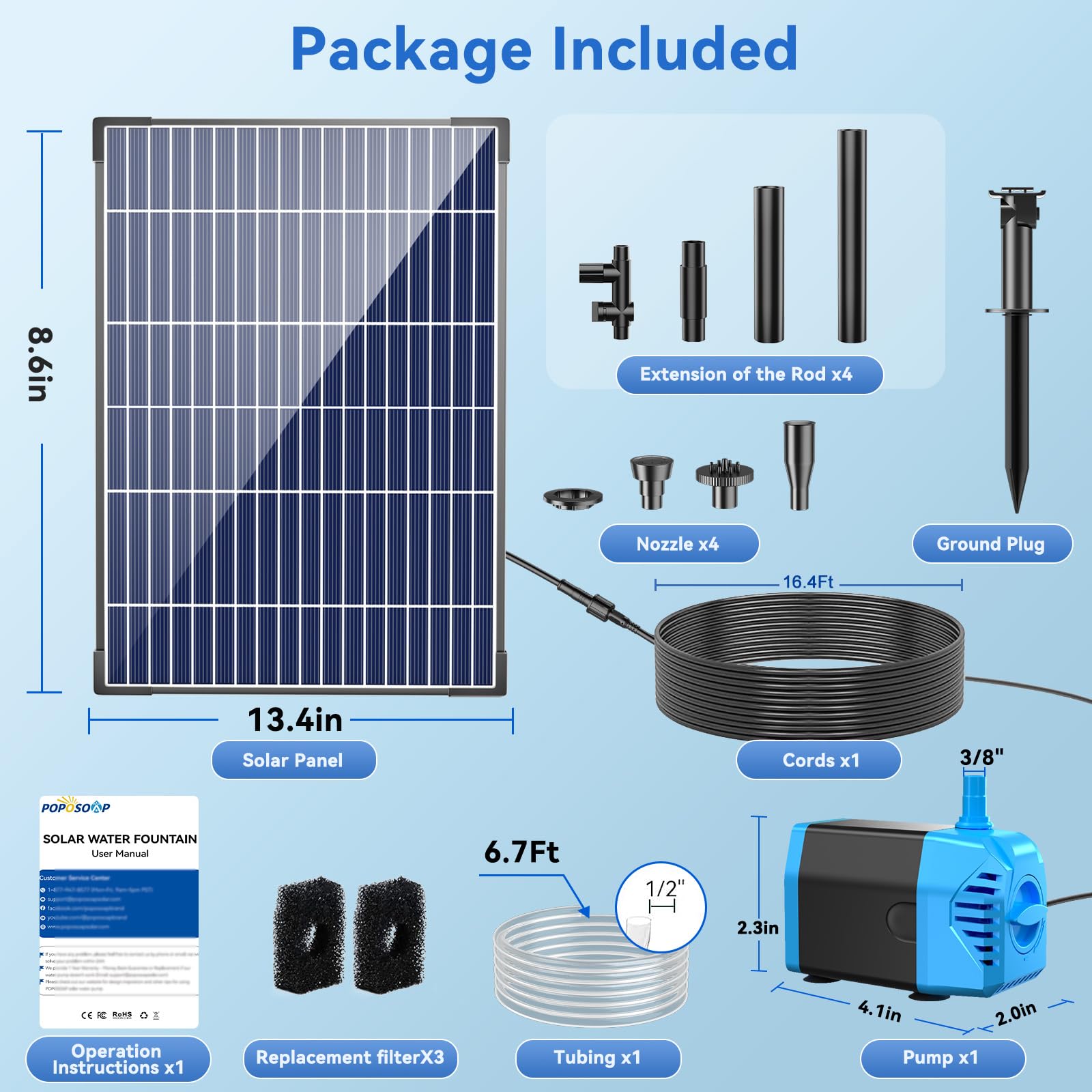 12W Solar Water Fountain Pump - 160GPH Adjustable Flow, 4 Sprayers, Black Package Included