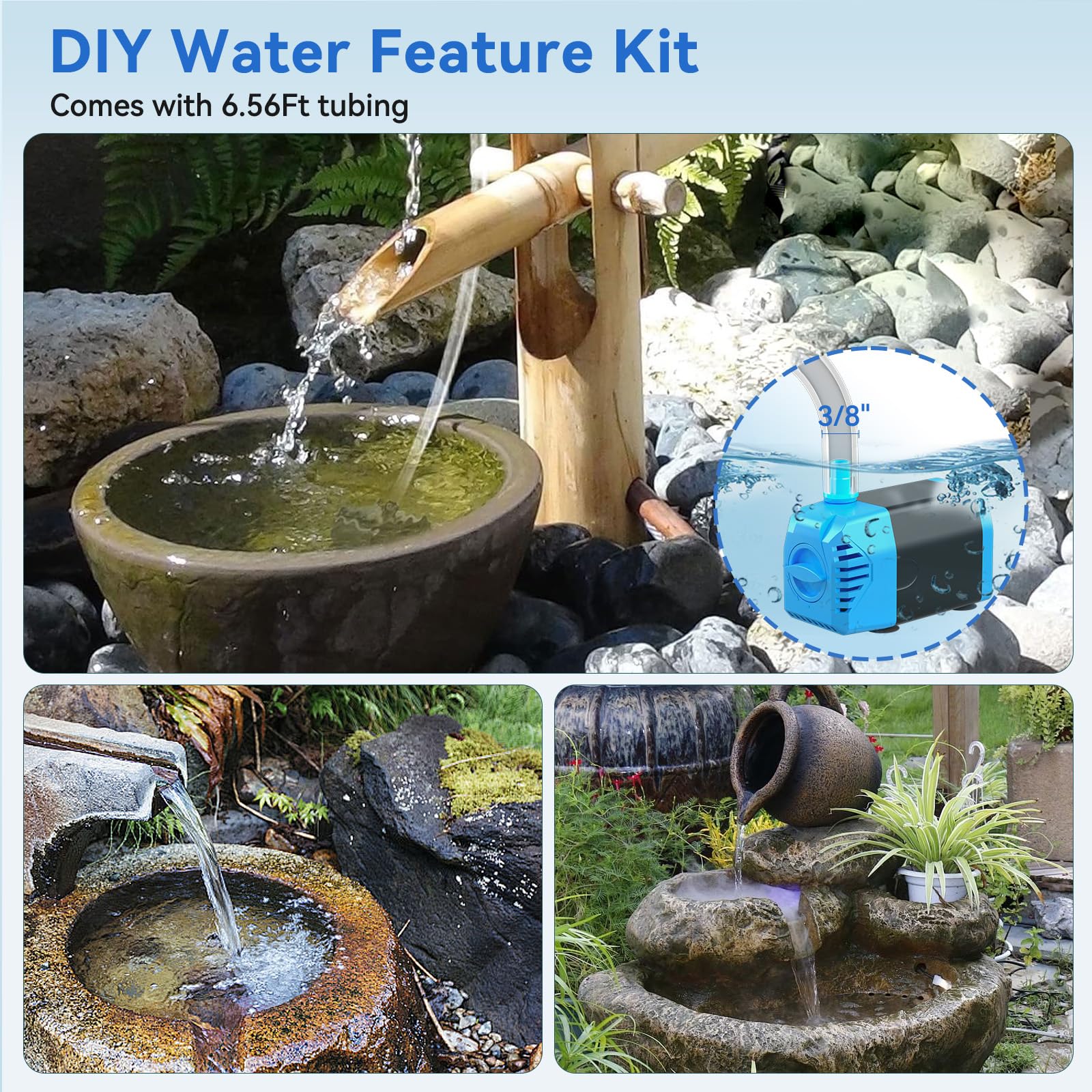 12W Solar Water Fountain Pump - 160GPH Adjustable Flow, 4 Sprayers, Black for DIY Feature Kit