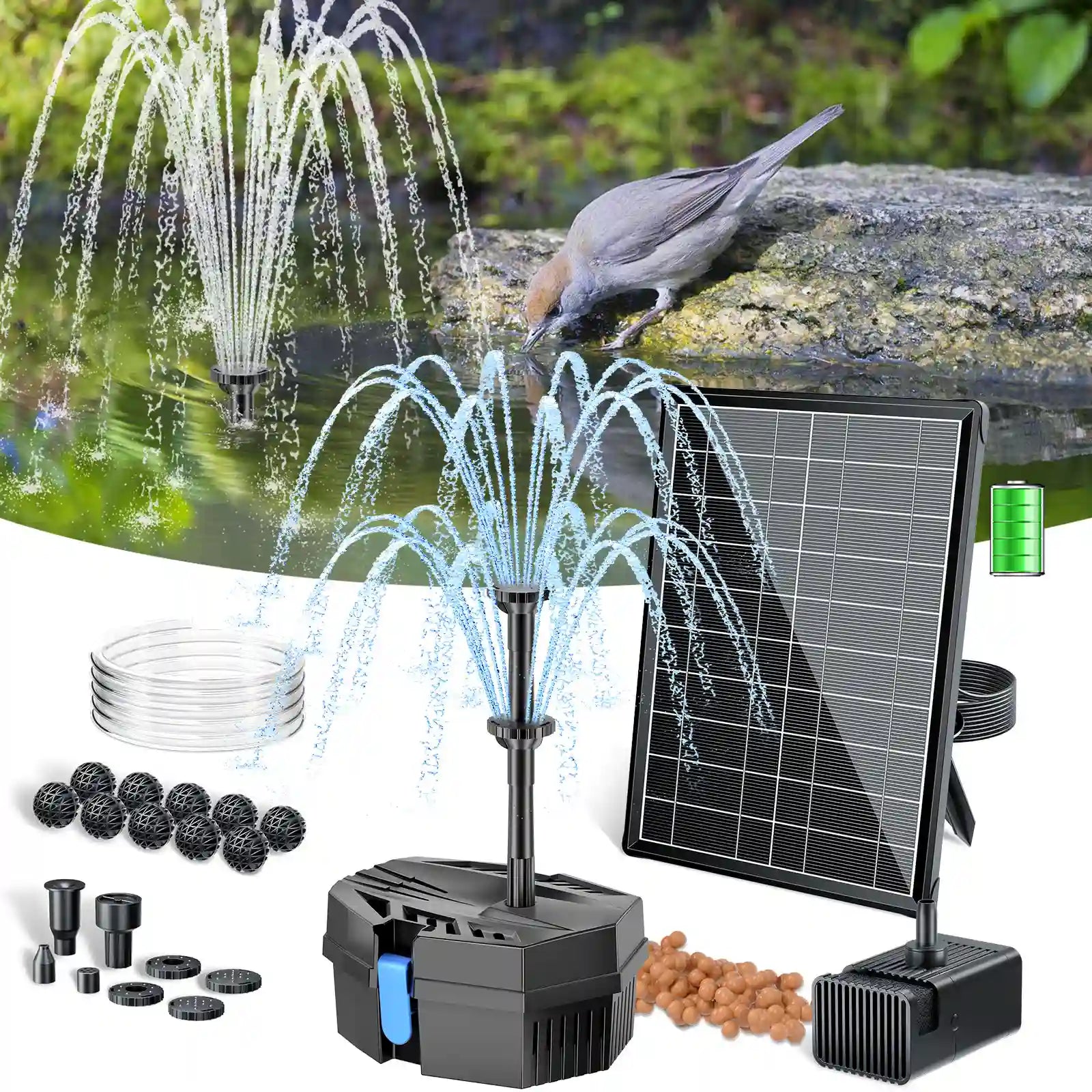 8W 80GPH Solar Pond Filter Fountain with Battery