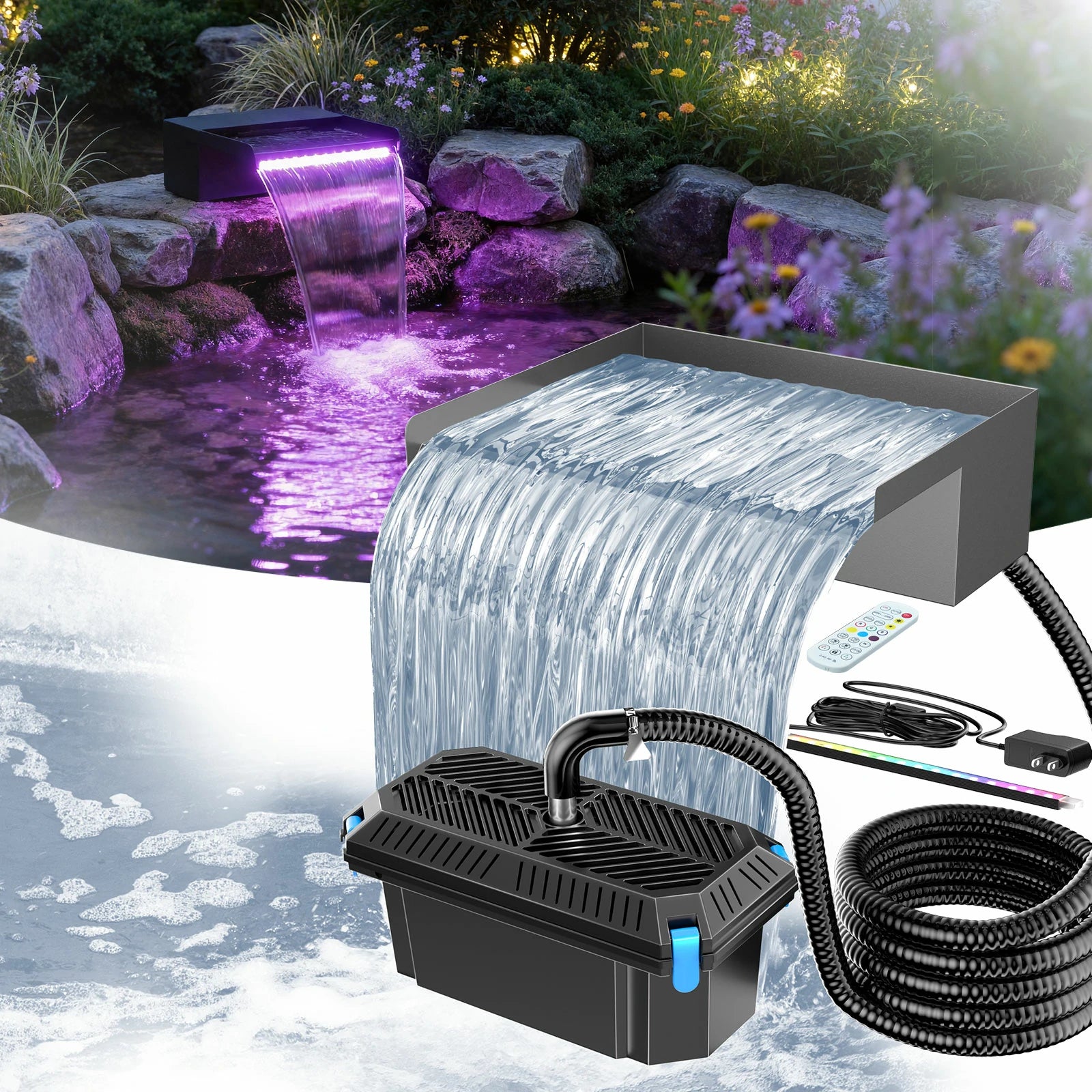 40W 660GPH Waterfall Pump Kit with 12" Spillway & Pond Filter (LED)