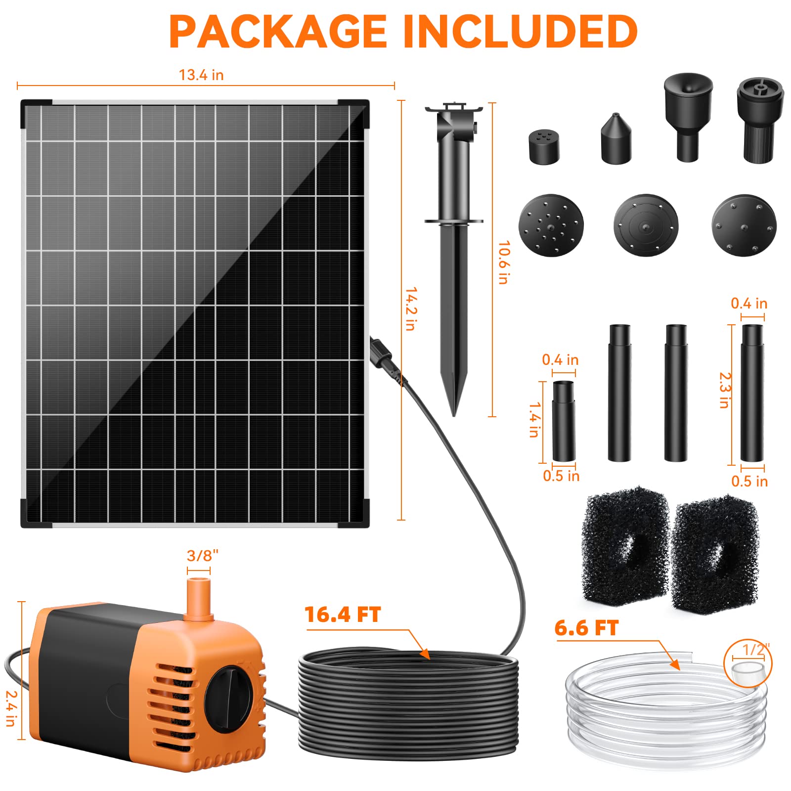 30W Solar Water Fountain Pump (Orange) package included