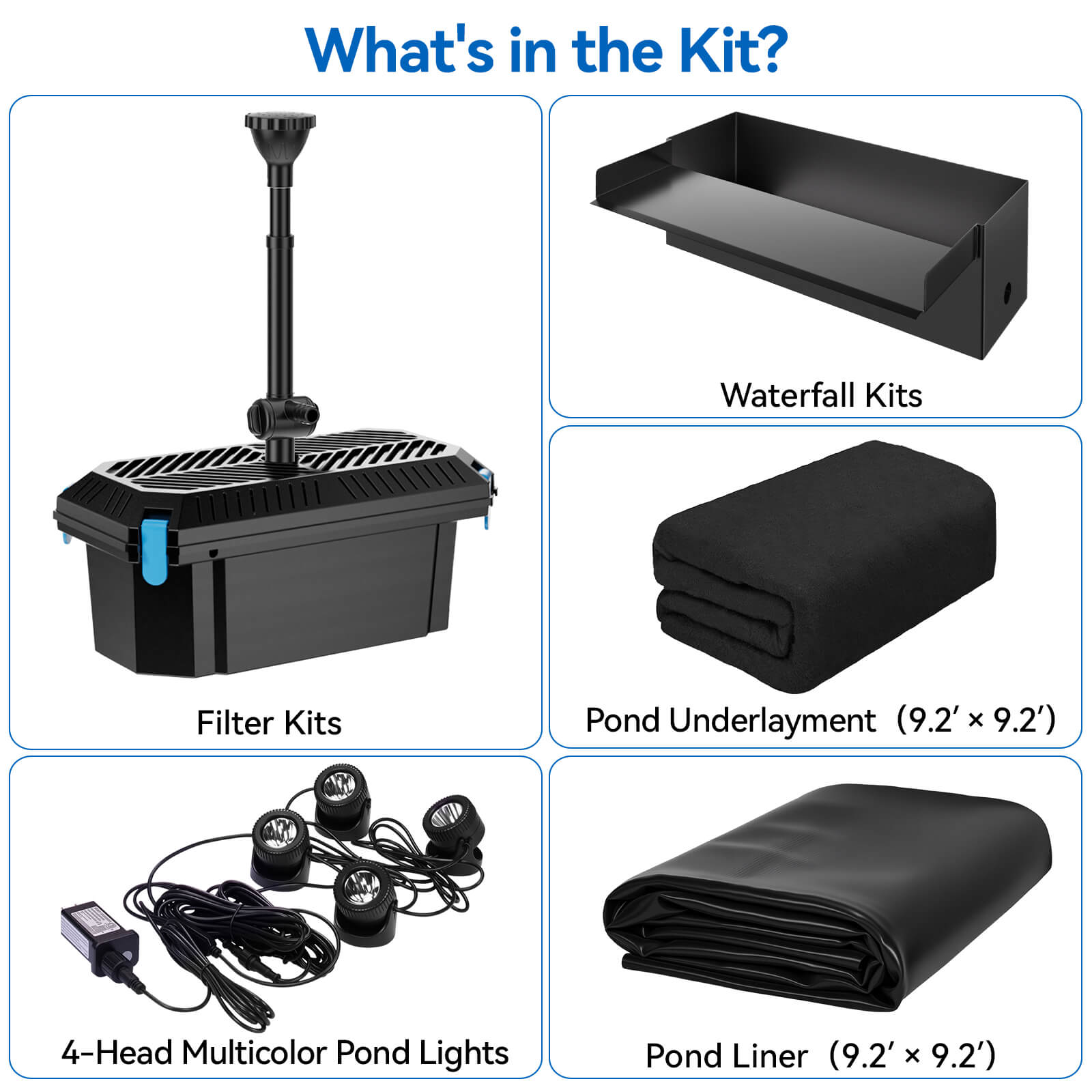 4′ x 4′ Pond Starter Kit | 5-in-1 Filter, Waterfall, Lights, Pond Liner & Underlayment