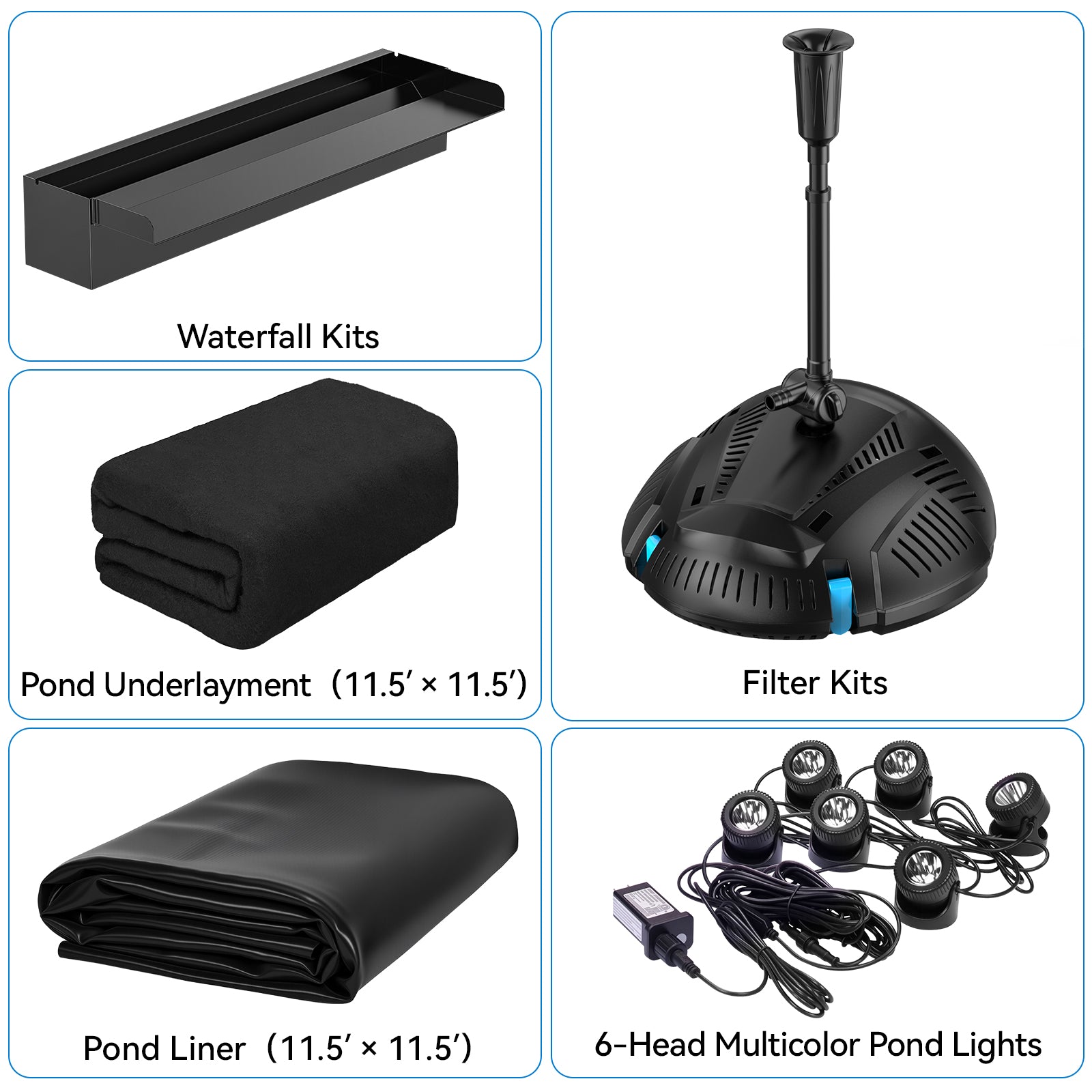6′ x 6′ Pond Starter Kit | 5-in-1 Filter, Waterfall, Lights, Pond Liner & Underlayment