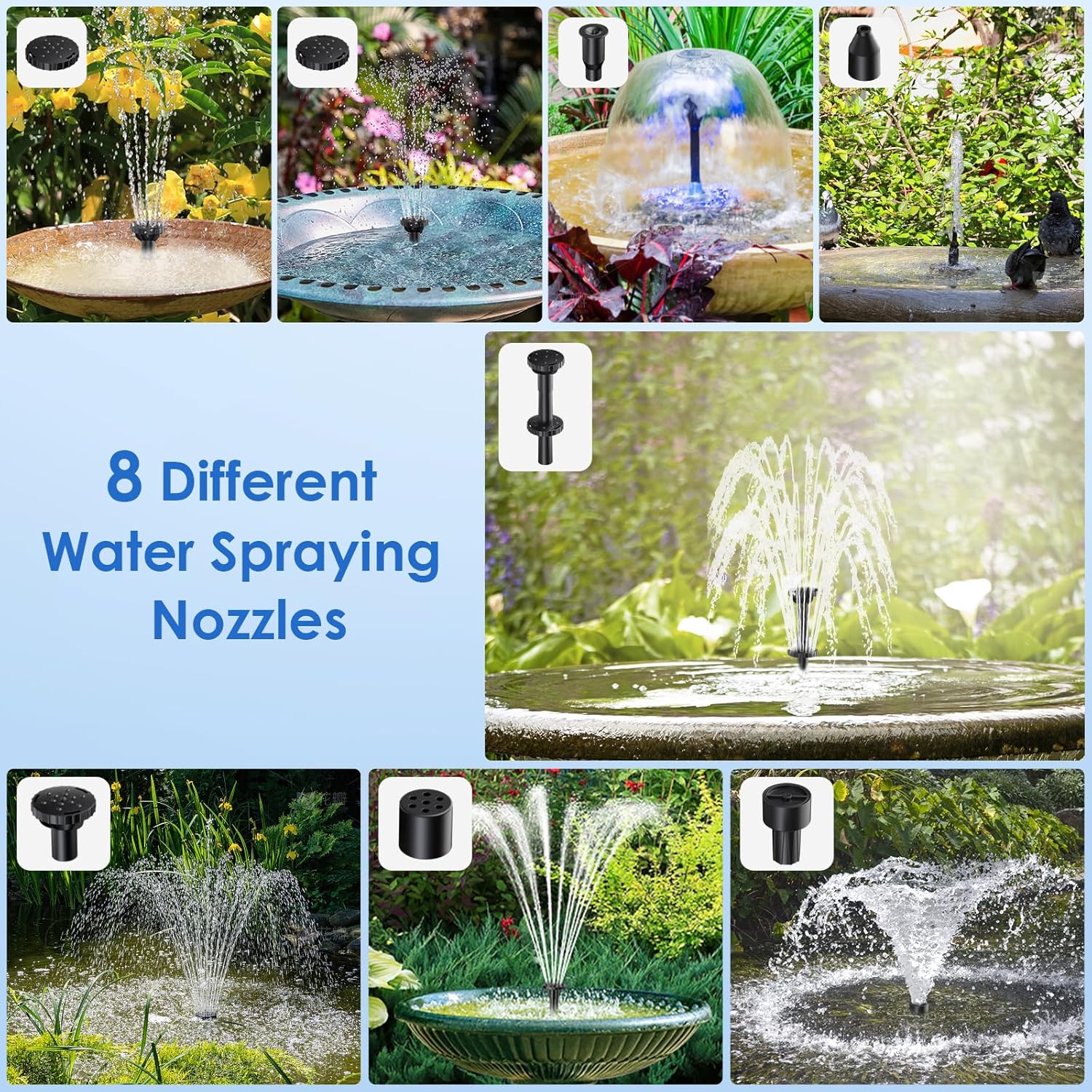 6.5W Solar Water Fountain Pump - 80GPH, 8 Different Water Sprayering Nozzles