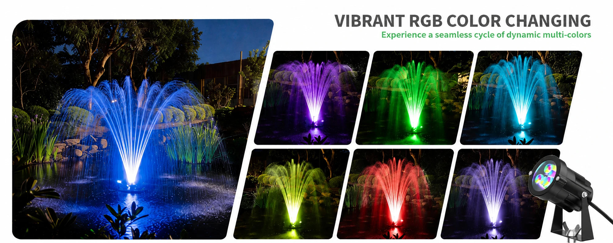 Vibrant floating pool fountain with lights