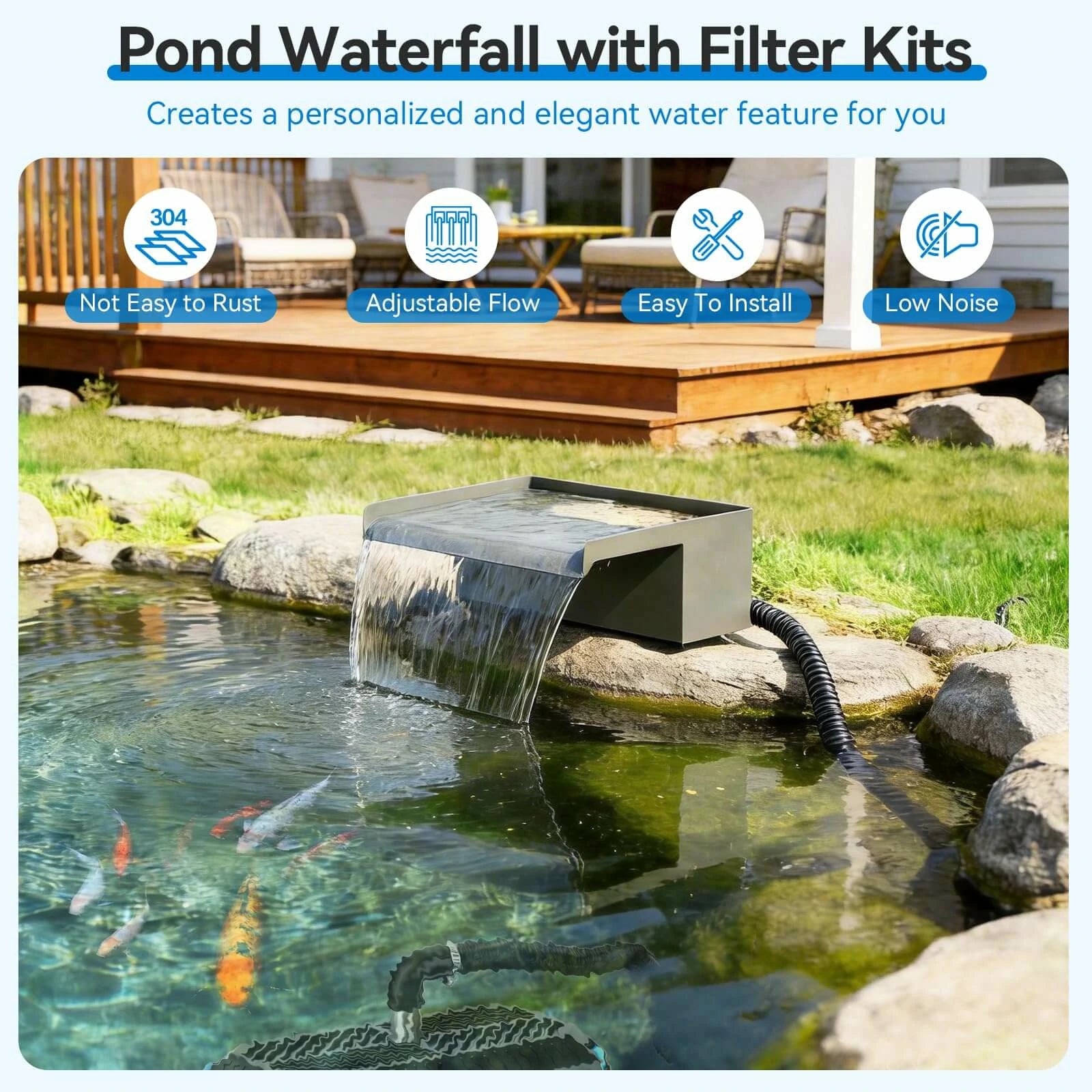40W 660GPH Waterfall Pump Kit with 12" Spillway & Pond Filter