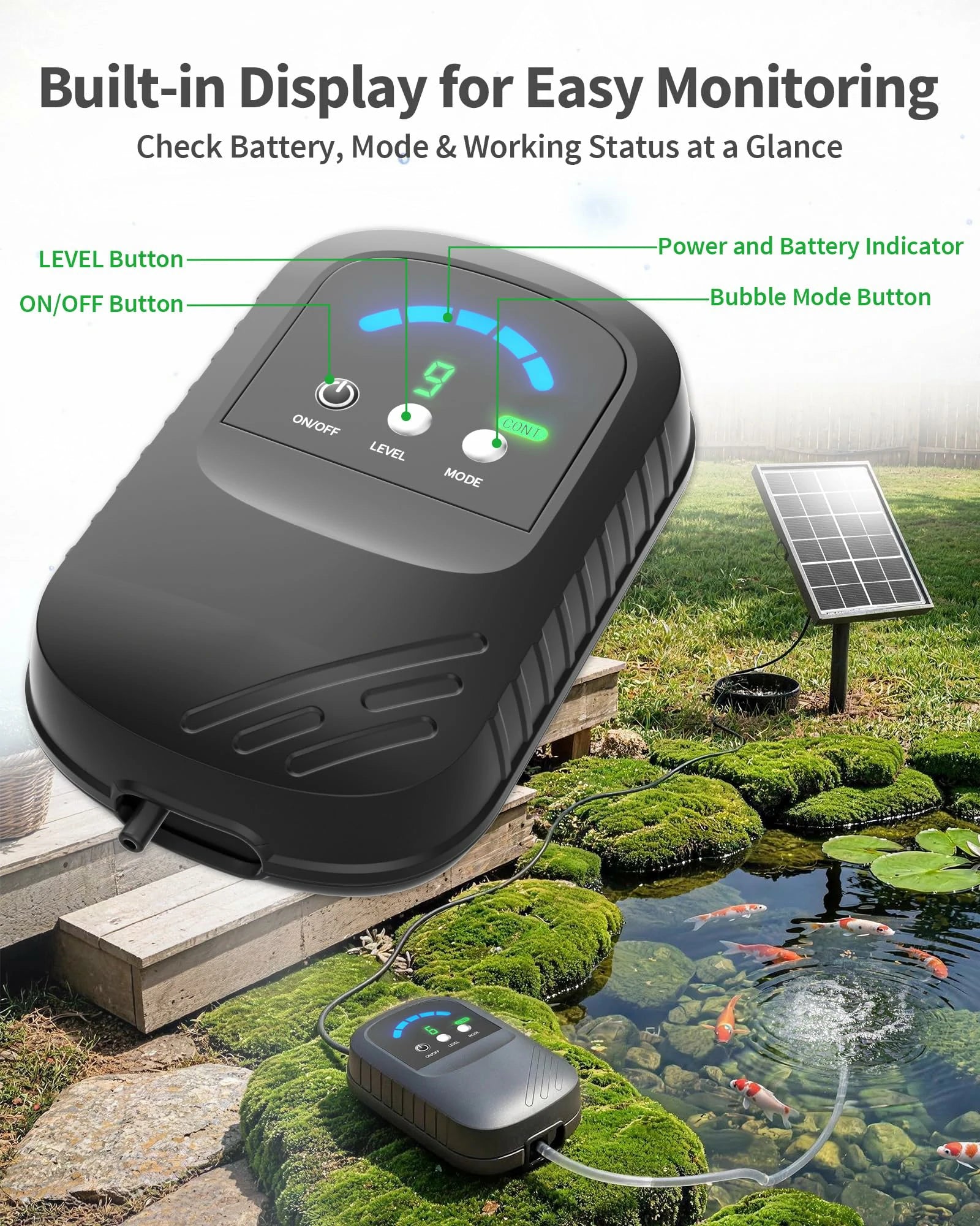 4W Solar Pond Aerator with 2200mAh Battery & Digital Display