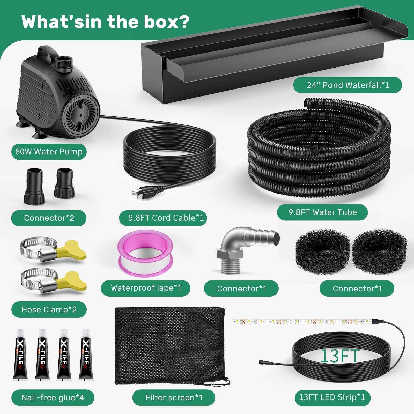 80W 1200GPH Electric Waterfall Pump Kit with 24"x4.3" Spillway (LED)