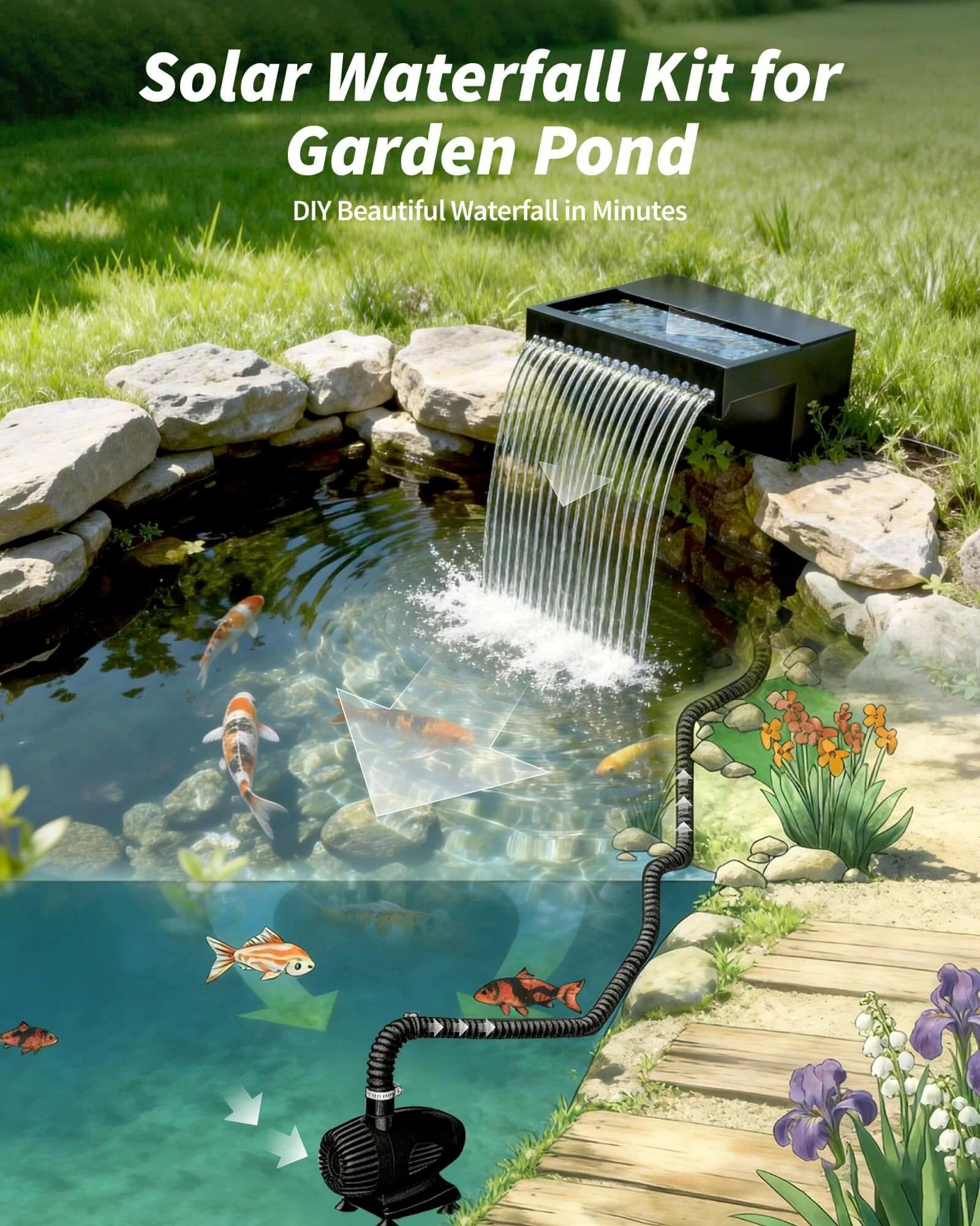 P552S 55W Solar Pond Waterfall Spillway with Fountain Pump