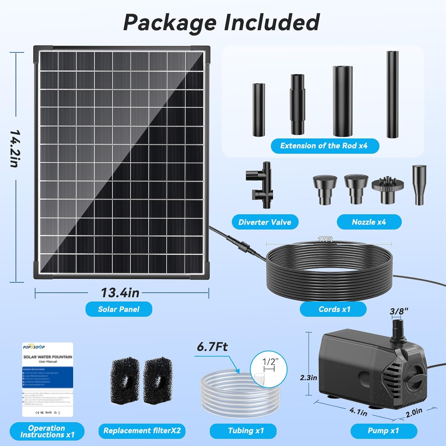 25W Solar Water Fountain Pump - 410GPH Adjustable Flow, 4 Sprayers package included