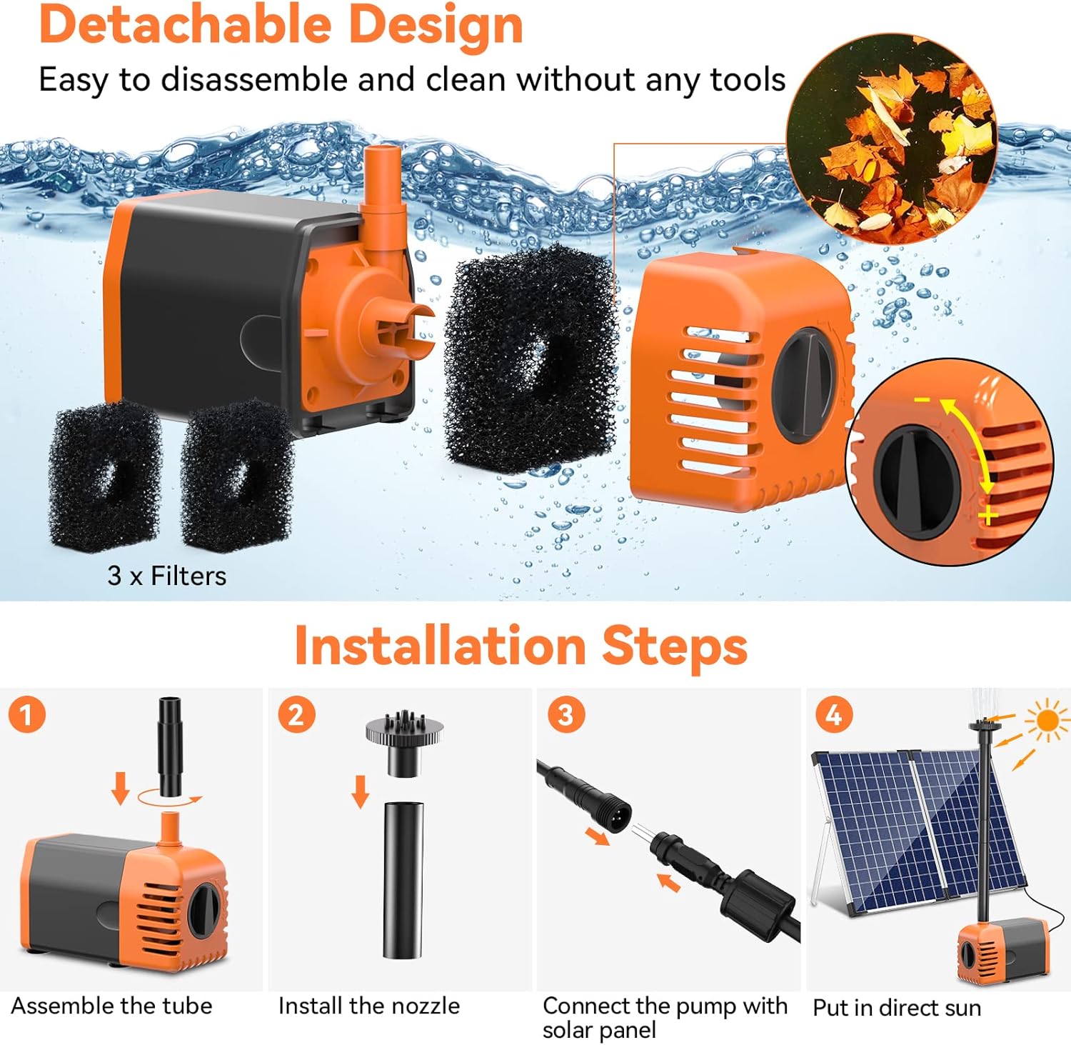 35W Solar Water Fountain Pump (Orange) - Detachable Design
