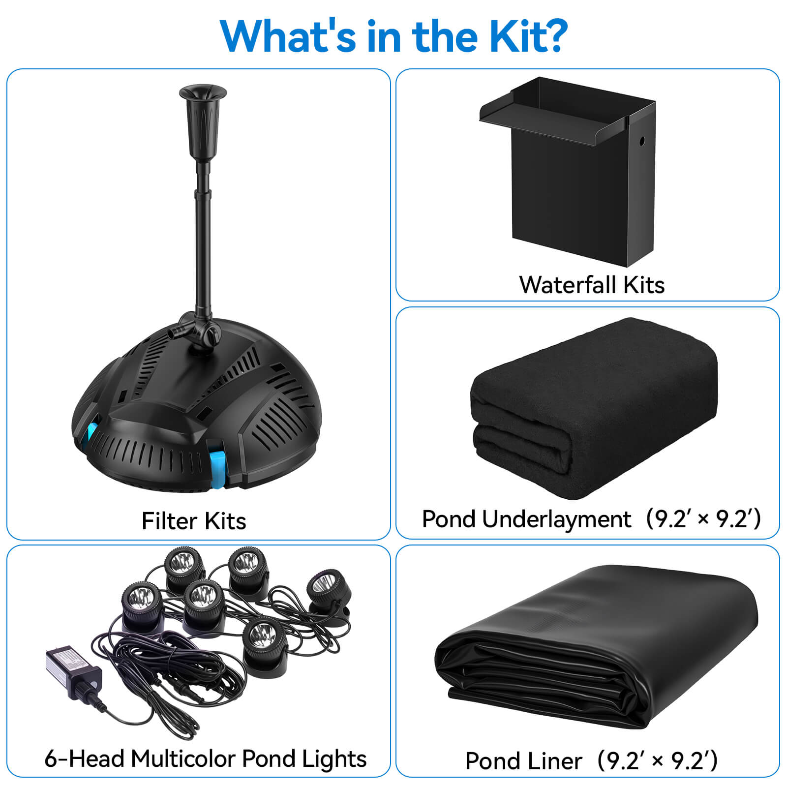 4′ x 4′ Pond Pro Kit | 5-in-1 Filter, Waterfall, Lights, Pond Liner & Underlayment