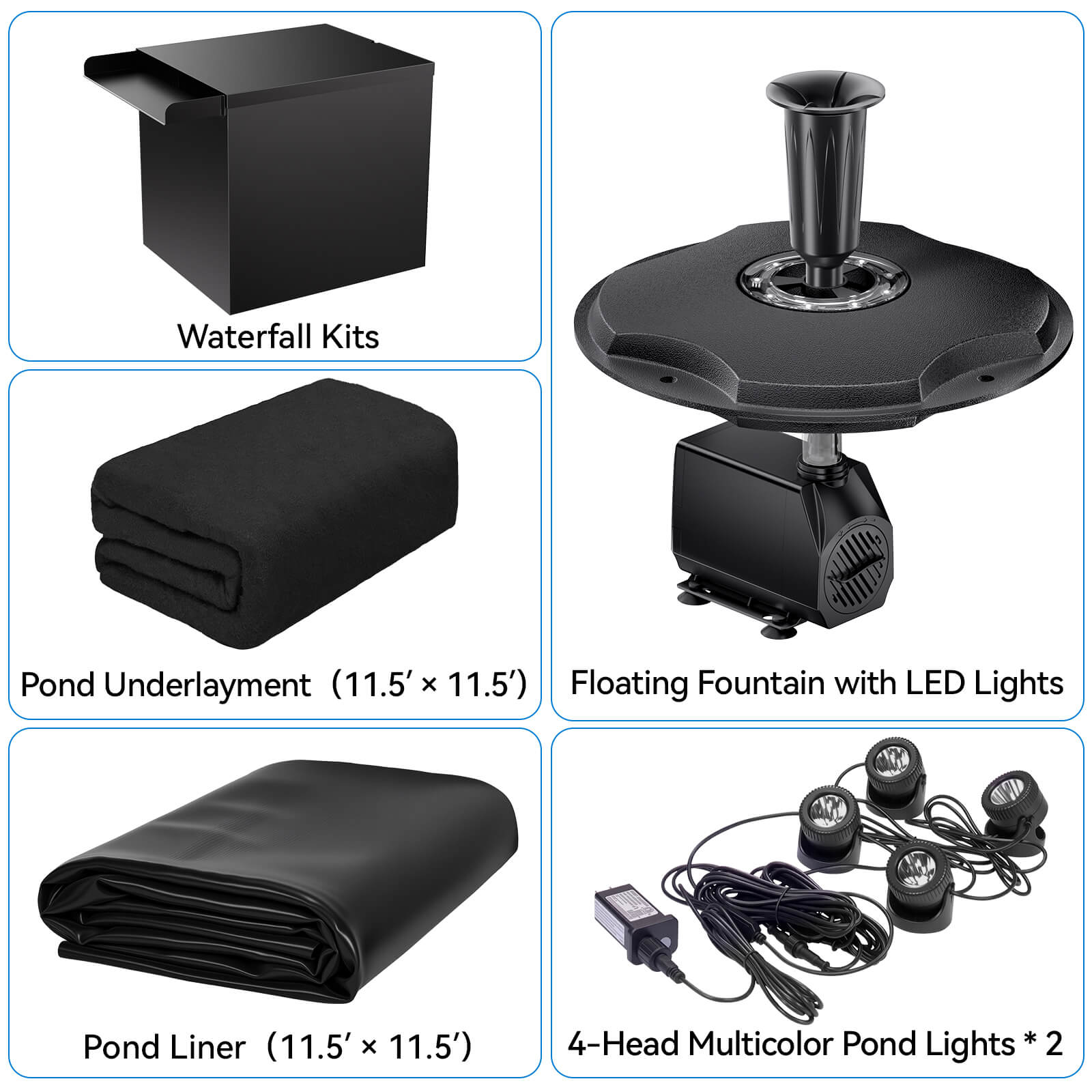 6′ x 6′ Pond Pro Kit | 5-in-1 Filter, Waterfall, Lights, Pond Liner & Underlayment