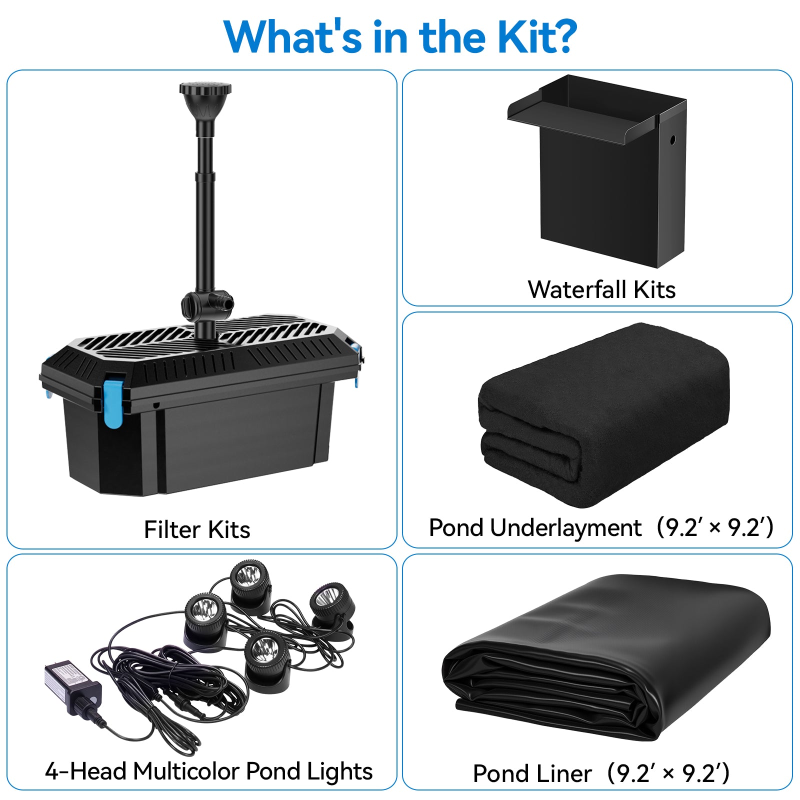 4′ x 4′ Pond Advanced Kit | 5-in-1 Filter, Waterfall, Lights, Pond Liner & Underlayment