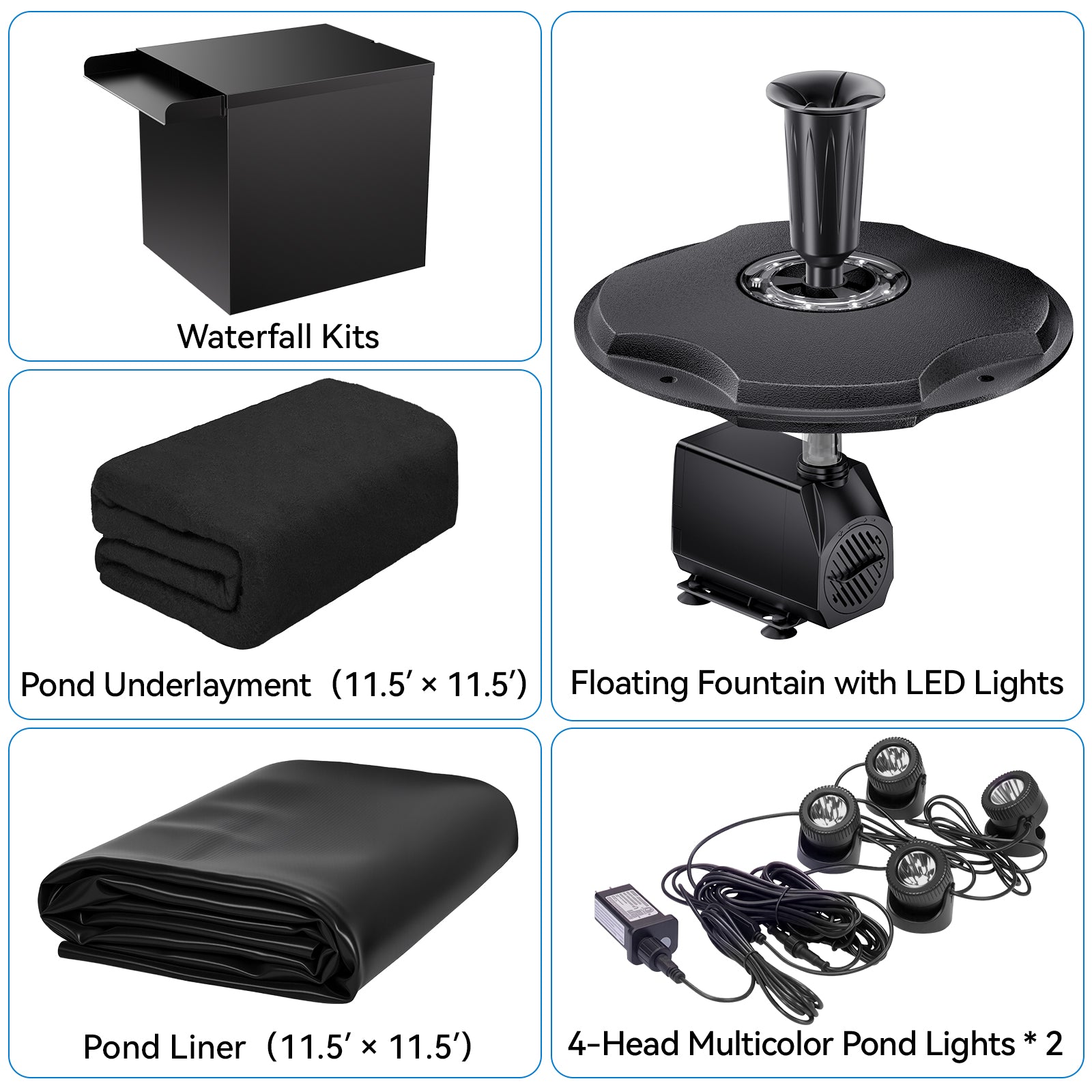 6′ x 6′ Pond Pro Kit | 5-in-1 Filter, Waterfall, Lights, Pond Liner & Underlayment
