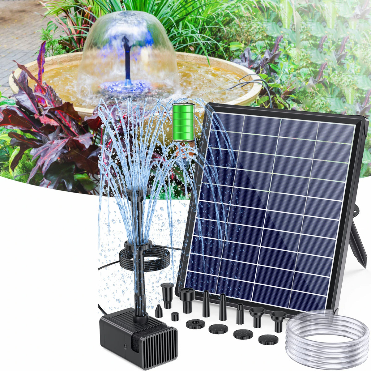 6.5W 80GPH Solar Birdbath Fountain Pump with Battery
