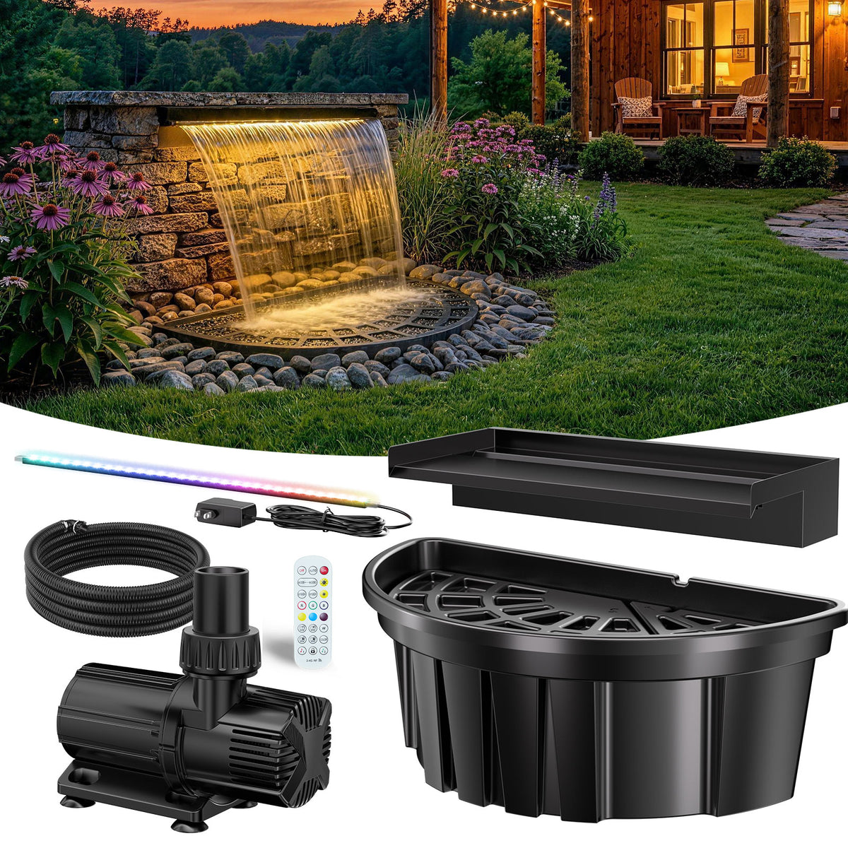 24" Electric Pondless Waterfall Kit with Light, 1600GPH