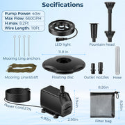 45W 660GPH Floating Fountain with LED Lights