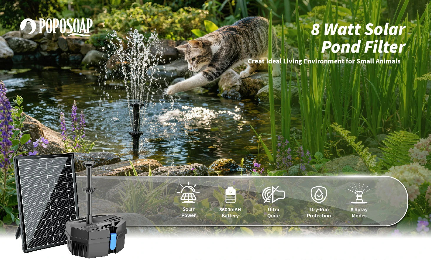 8W Solar Pond Filter Fountain with Battery