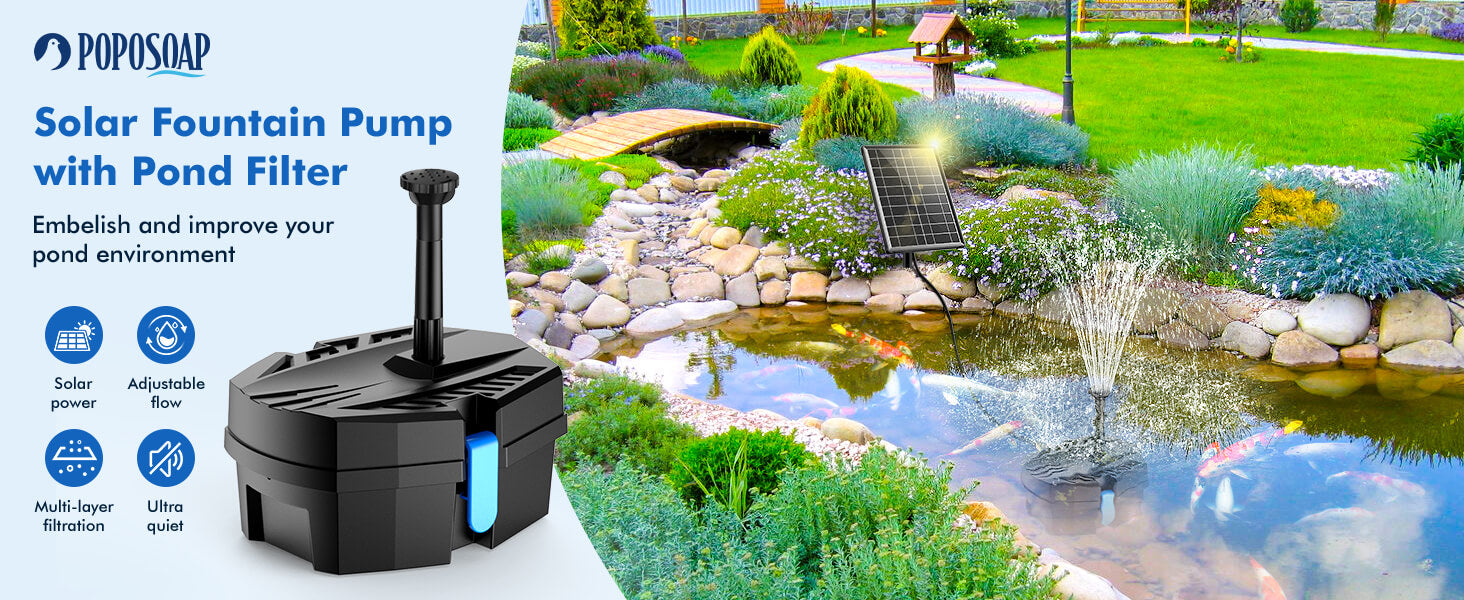 POPOSOAP Upgraded 8W Solar Pond Filter for Your Garden Pond
