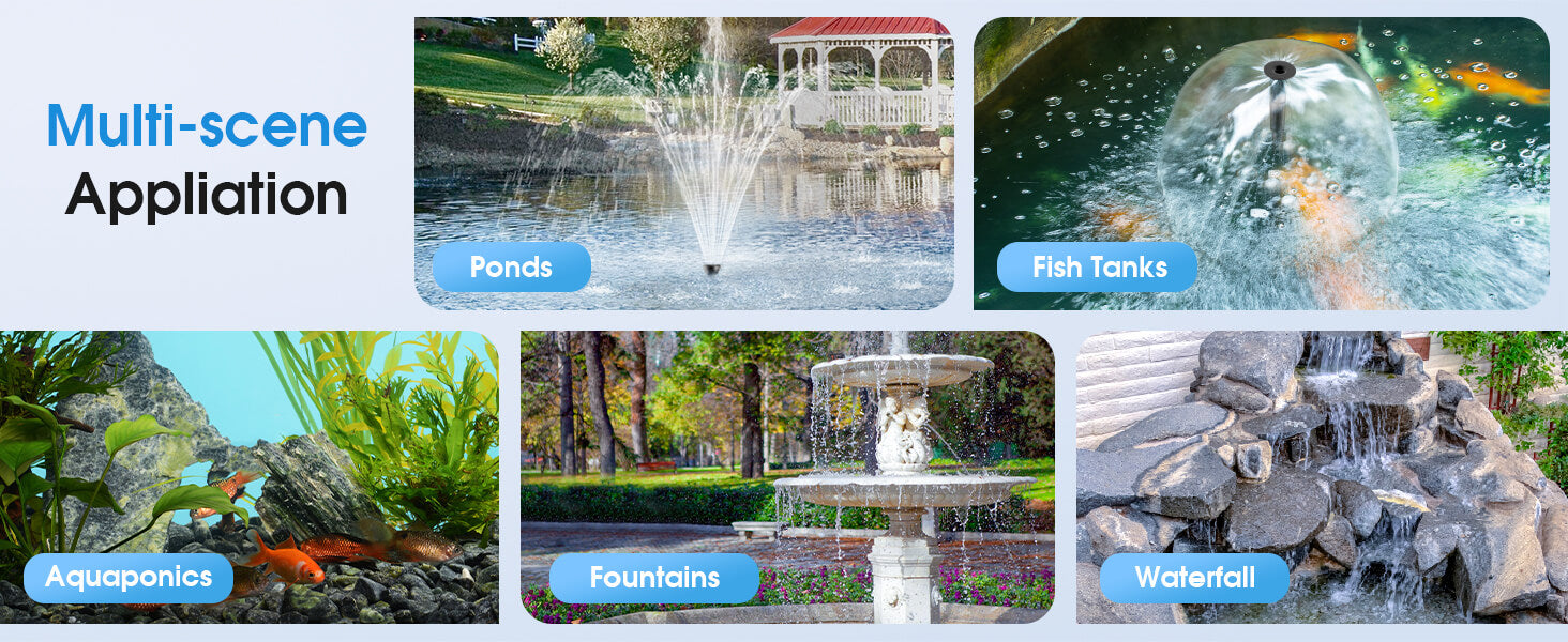 The pond filters for outdoor ponds is widely used in water design scenarios, such as garden fountains, courtyard waterfall landscaping, pond circulation purification, fish pond oxygenation, etc.