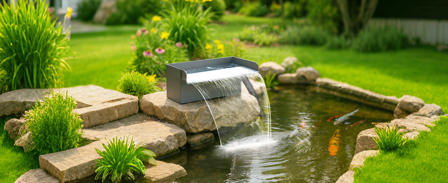 Complete Pond Waterfall Kit with Pump and Filter System, 304 Stainless Steel Waterfall Spillway, 40W 660GPH Pump, Filter Box for Garden Pond