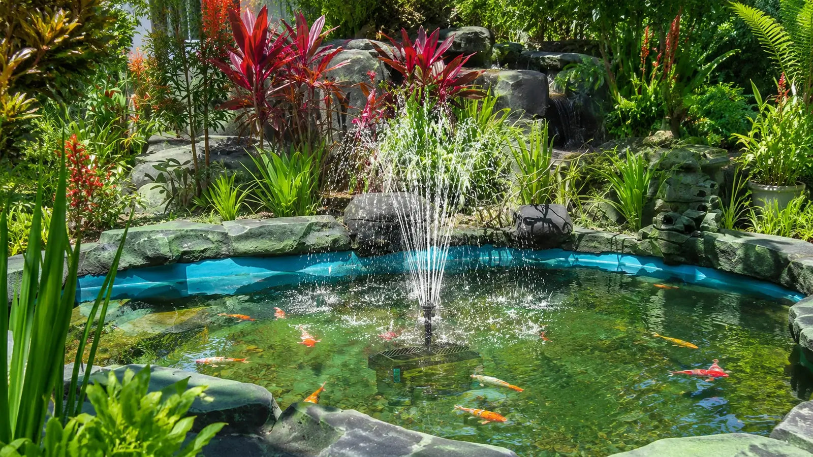 Garden fountain scenario for a solar water fountain kit