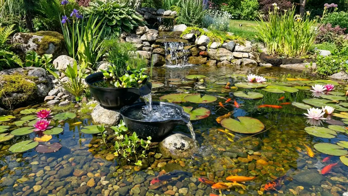 Decorative spillway bowl fountain basin kit placed in a backyard fish pond
