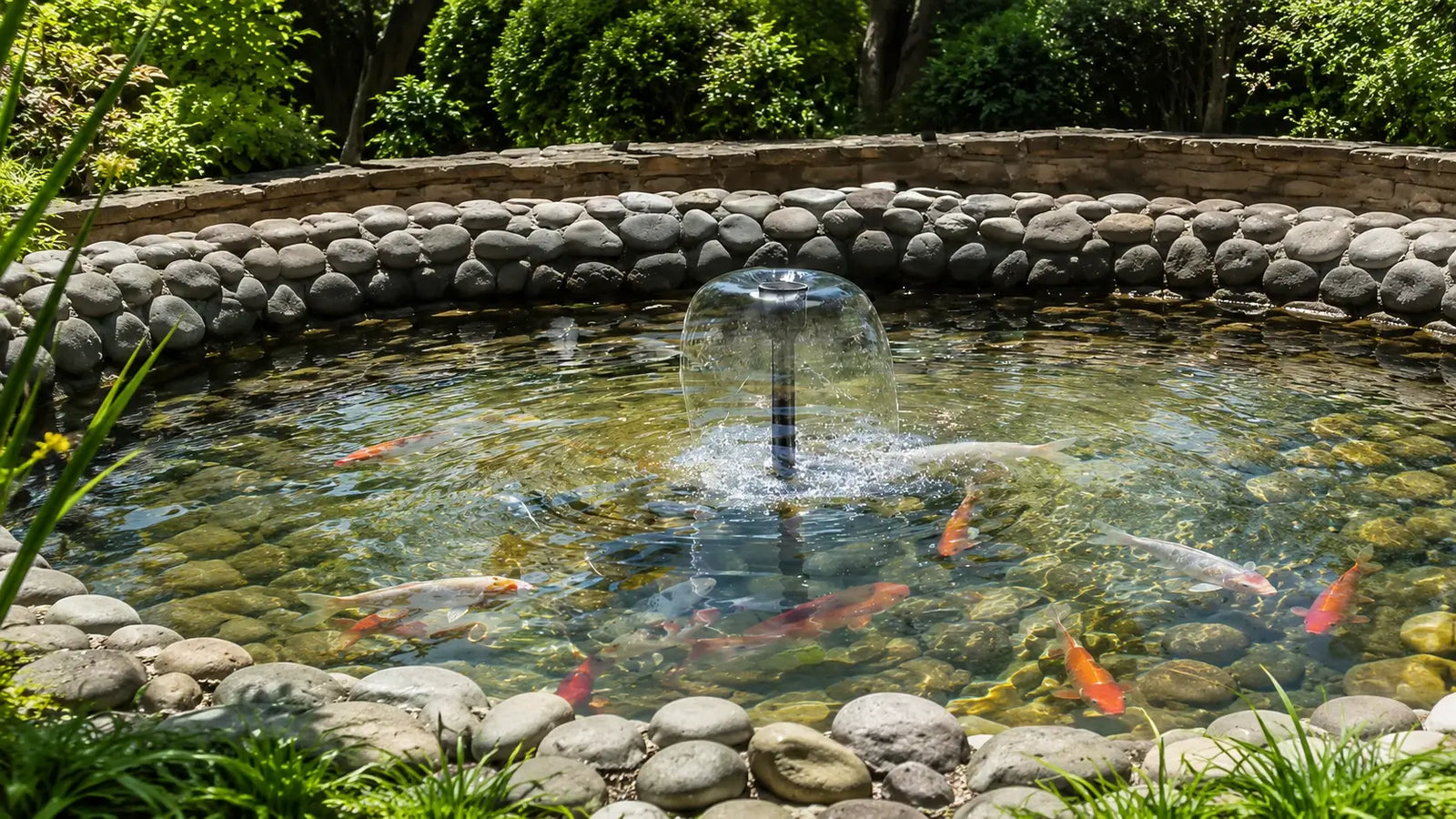 Small pond water feature using a compact solar fountain kit