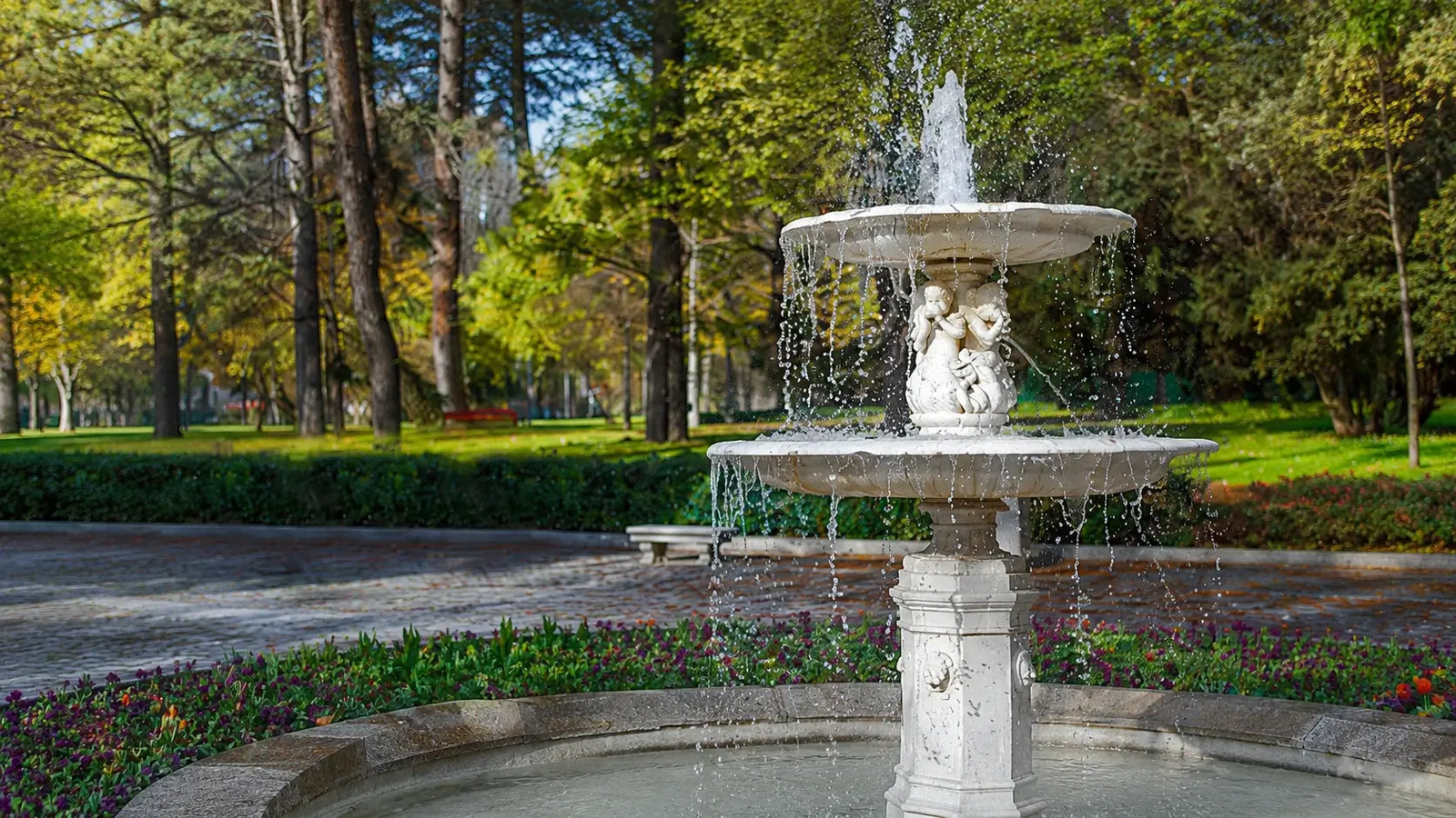 Solar bird bath fountain running in a garden with moving water