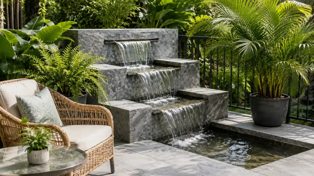 Tiered stone rockery solar power waterfall with lush greenery, a cozy lounge nook for relaxing outdoor leisure.