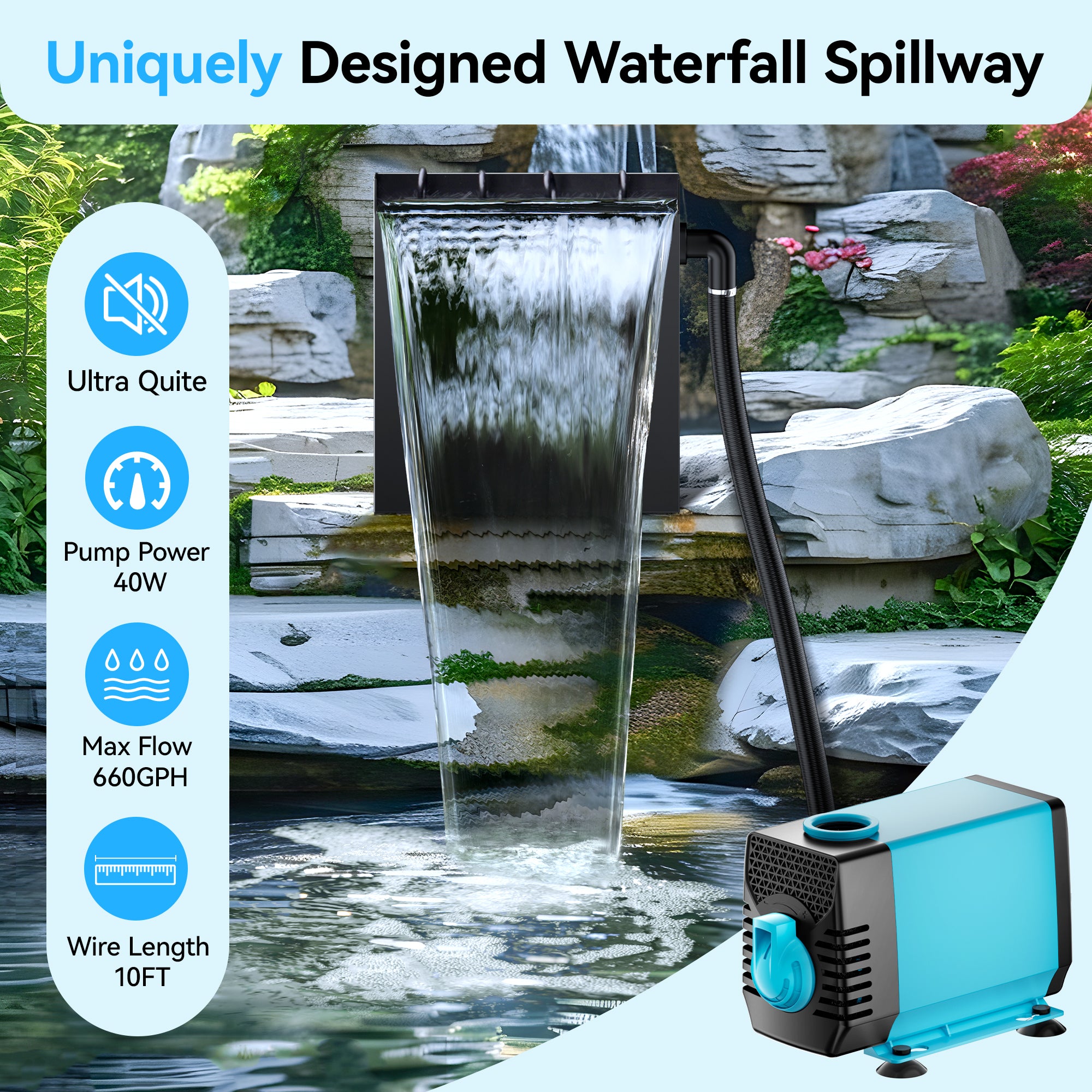 40W 660GPH Electric Waterfall Pump Kit with 12"x13.4" Spillway