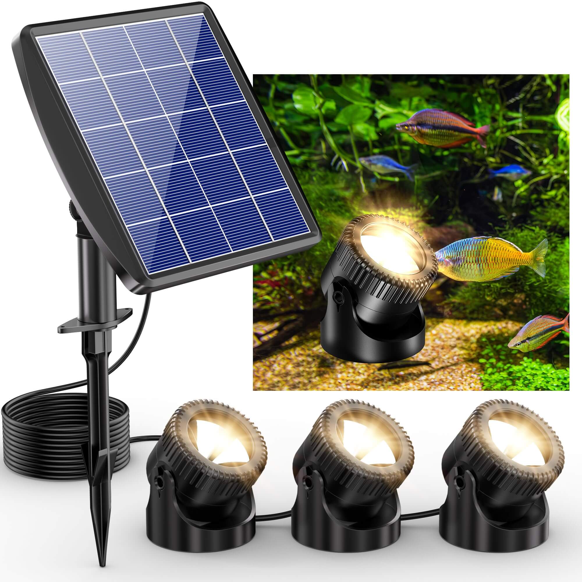 3-Head Warmwhite Underwater Solar Pond Lights