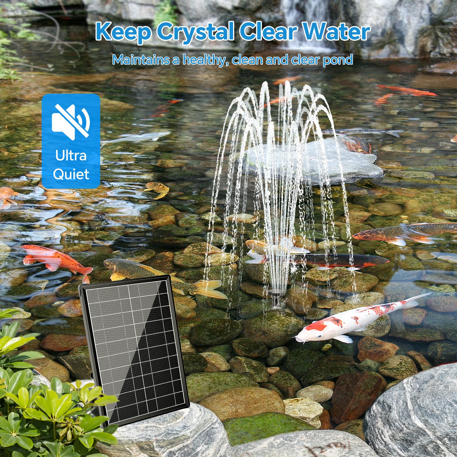 P3081D 8W 80GPH Solar Pond Filter Fountain with 3000mAh Battery Backup
