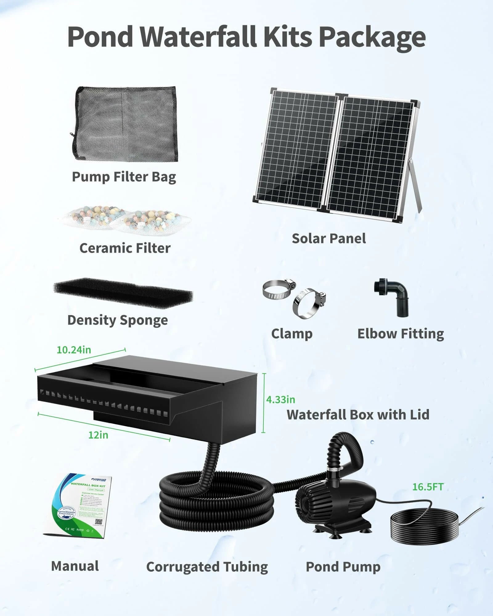 70W 680GPH Solar Waterfall Pump Kit with 12" Spray Spillway
