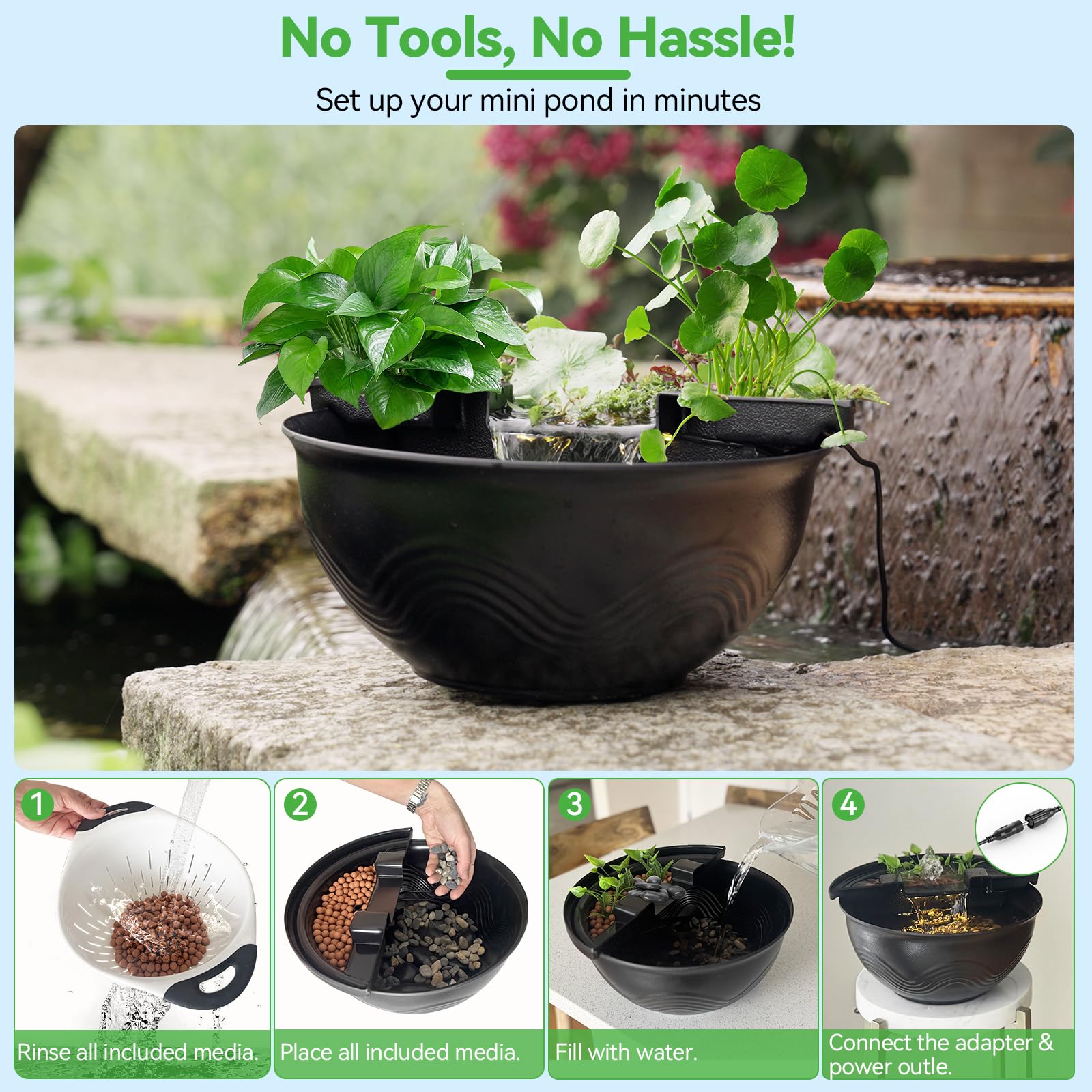 Mini Water Garden Pond Kit with Waterfall & LED Lighting