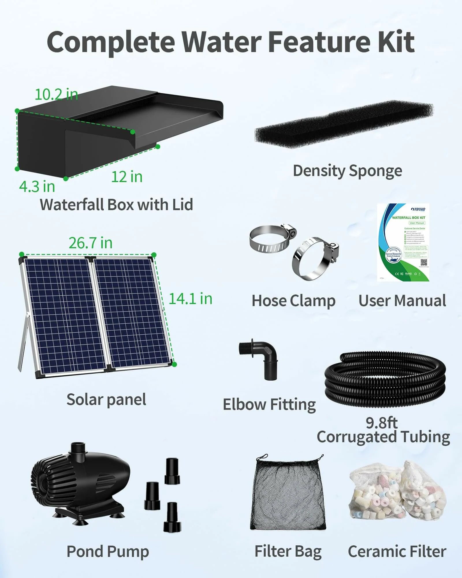 70W Solar Waterfall Kit with 12"x4.3" Spillway