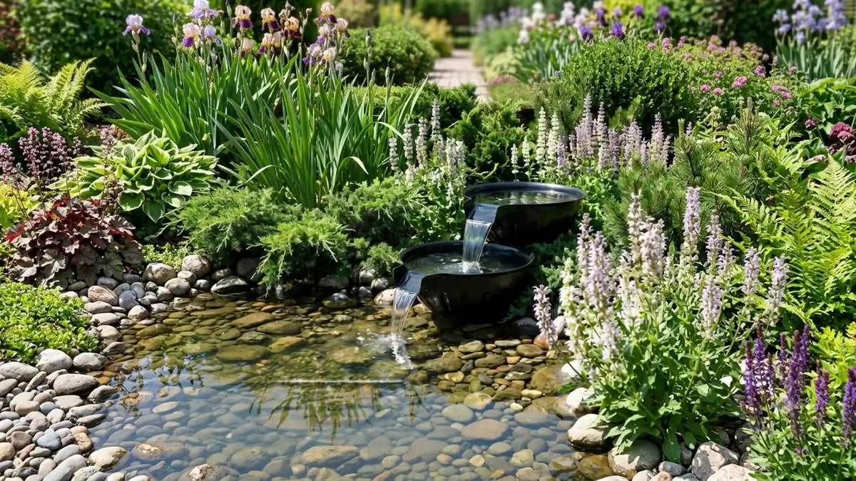 Two-tier spillway bowl fountain set in a lush garden pond, clear cascading water flows down stacked black basins, surrounded by river rocks and purple flowering shrubs for tranquil backyard landscape decor.